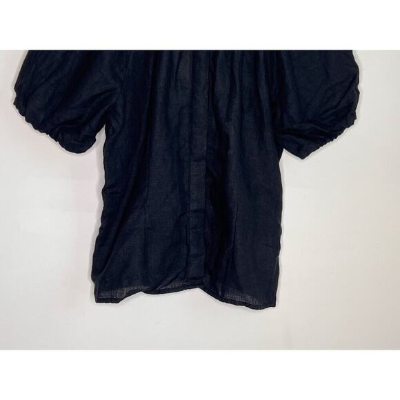 NWT J, Crew Puff Sleeve V-Back Button-Front Linen Blouse Top Black Womens Size 2 - Picture 4 of 11